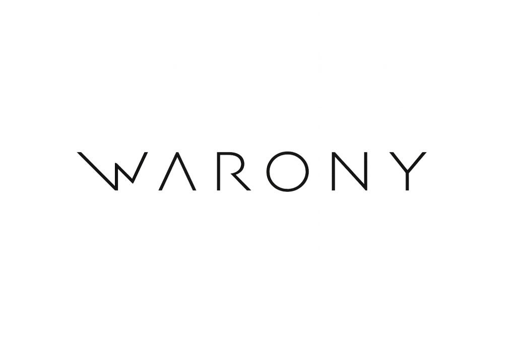 Ein minimalistisches, geometrisches Logo mit dem Schriftzug „WARONY“ in feinen, klaren Linien auf transparentem Hintergrund.