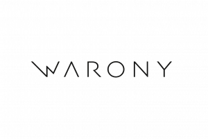 Ein minimalistisches, geometrisches Logo mit dem Schriftzug „WARONY“ in feinen, klaren Linien auf transparentem Hintergrund.