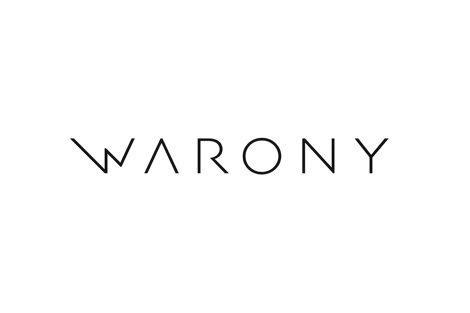 Ein minimalistisches, geometrisches Logo mit dem Schriftzug „WARONY“ in feinen, klaren Linien auf transparentem Hintergrund.