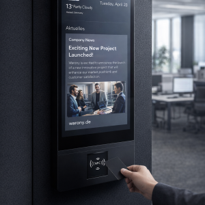 Modernes Zeiterfassungsterminal Warony ONE mit NFC-Kartenbuchung an der Wand montiert im Büro