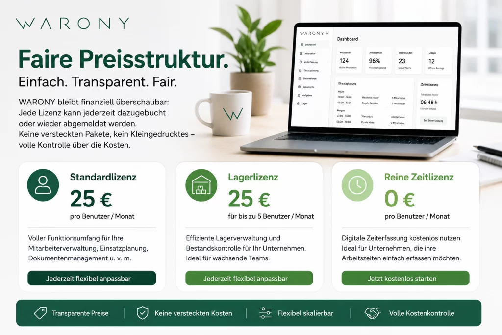 Warony Preisübersicht mit Standardlizenz für 25 Euro, Lagerlizenz für 25 Euro je 5 Benutzer und kostenloser Zeiterfassung.