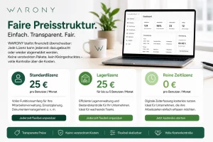 Warony Preisübersicht mit Standardlizenz für 25 Euro, Lagerlizenz für 25 Euro je 5 Benutzer und kostenloser Zeiterfassung.