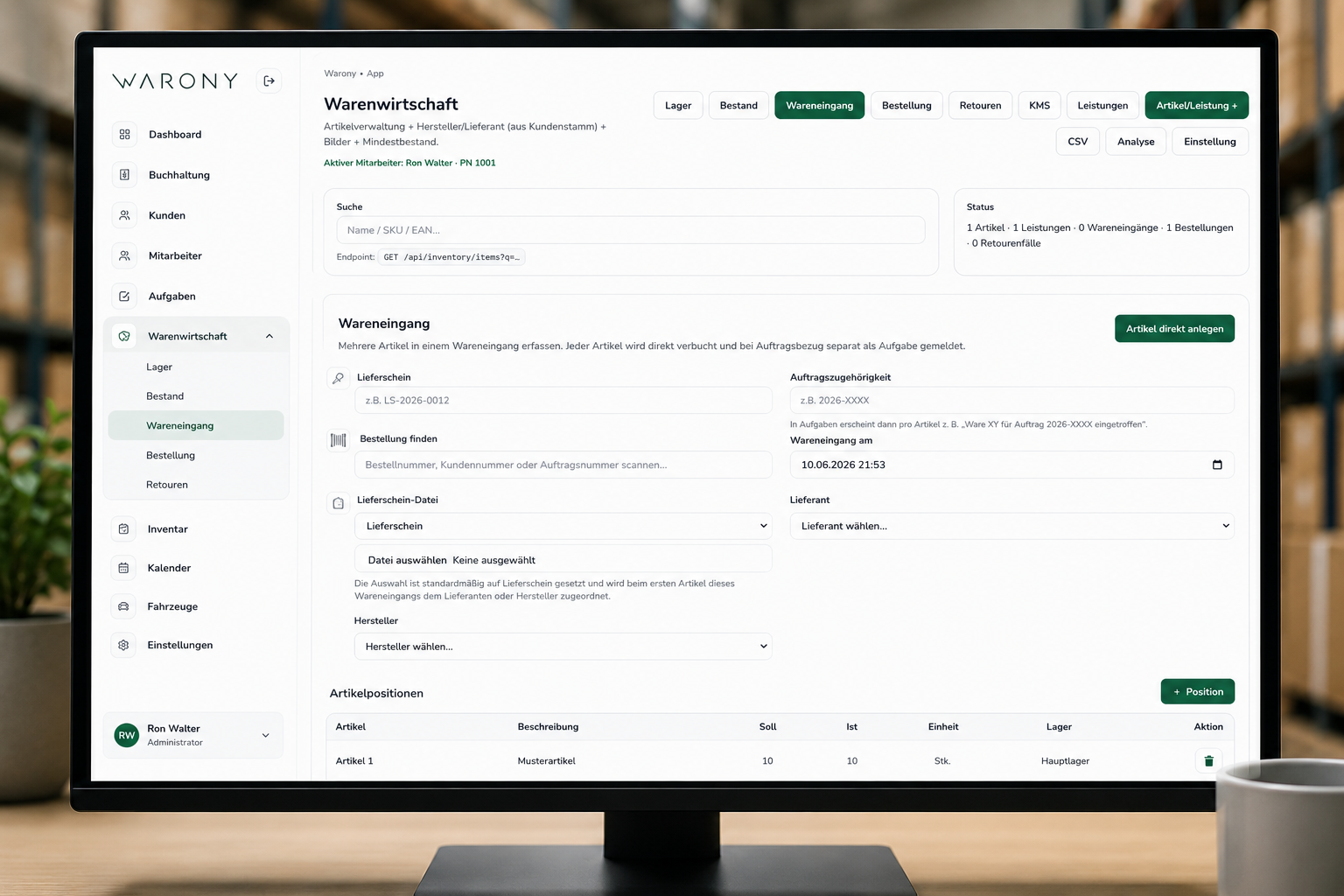 Warony Warenwirtschaftssystem – Lagerverwaltung, Bestellungen und Materialmanagement