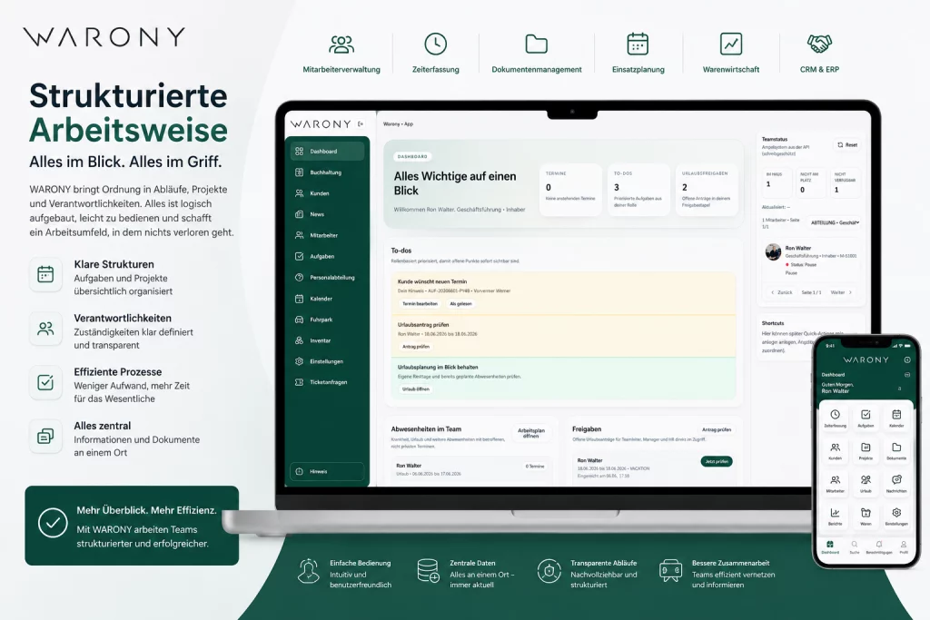 WARONY Dashboard für strukturierte Arbeitsabläufe mit Aufgabenverwaltung, Mitarbeiterverwaltung, CRM, ERP, Dokumentenmanagement und Zeiterfassung in einer zentralen Unternehmensplattform.