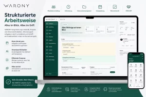 WARONY Dashboard für strukturierte Arbeitsabläufe mit Aufgabenverwaltung, Mitarbeiterverwaltung, CRM, ERP, Dokumentenmanagement und Zeiterfassung in einer zentralen Unternehmensplattform.