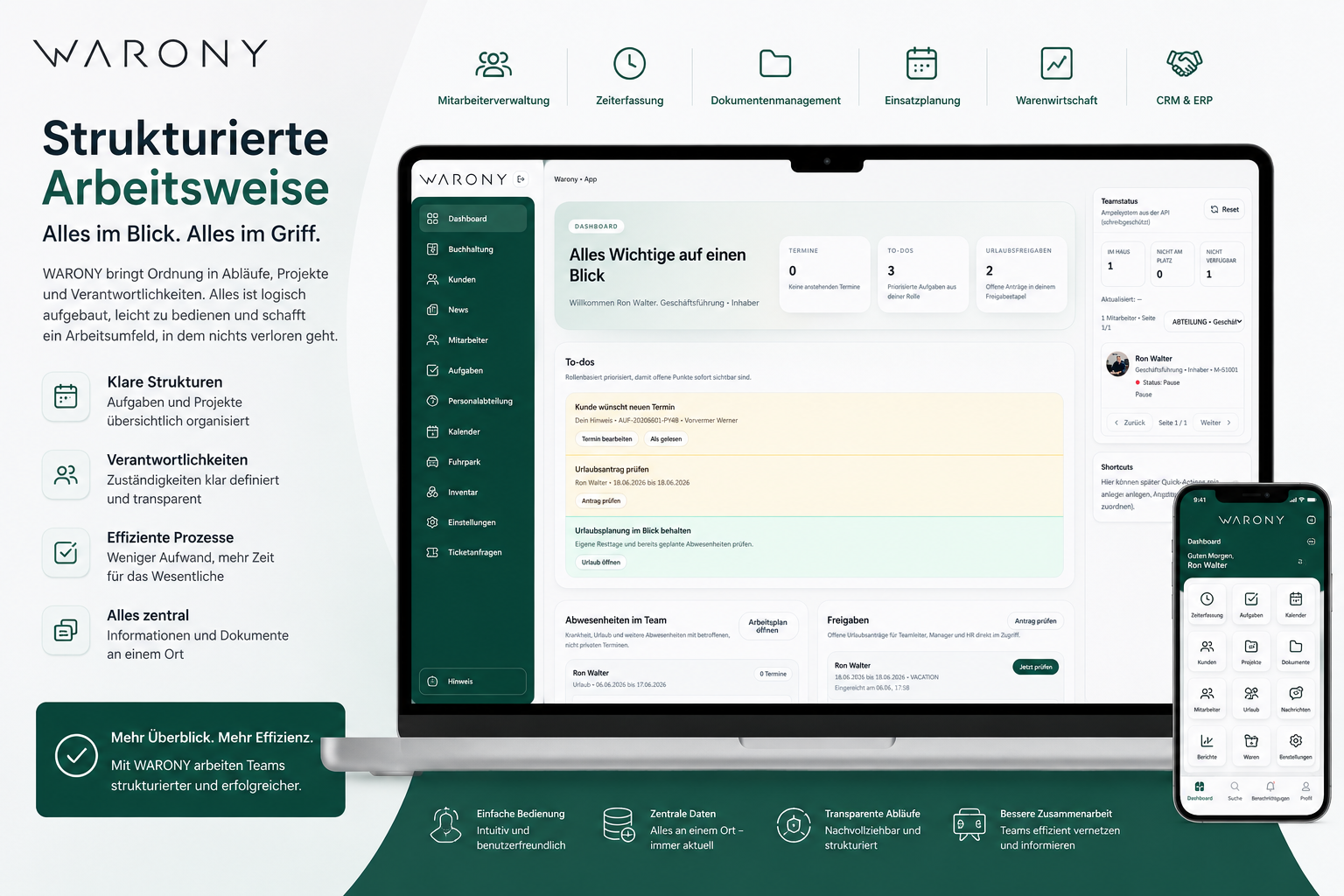 WARONY Dashboard für strukturierte Arbeitsabläufe mit Aufgabenverwaltung, Mitarbeiterverwaltung, CRM, ERP, Dokumentenmanagement und Zeiterfassung in einer zentralen Unternehmensplattform.