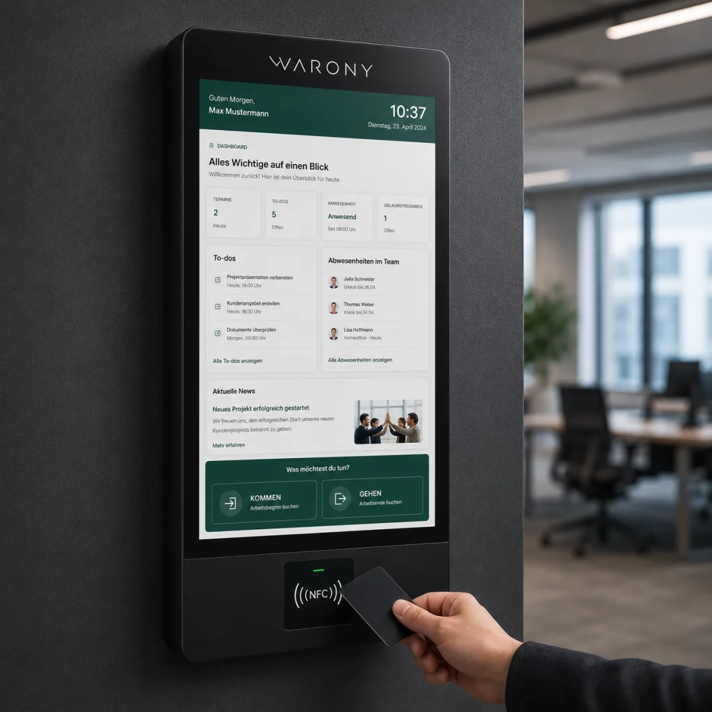 Warony ONE Zeitterminal mit NFC-Kartenleser, digitaler Zeiterfassung, Unternehmensnews und Mitarbeiterinformationen auf modernem Touchdisplay.